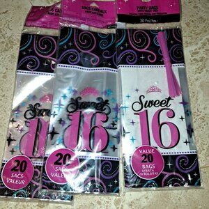 Amscan Sweet 16 party loot bags 3 packs of 20 (60 bags) pink black sealed